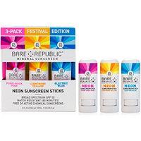 Bare Republic Mineral Spf 50 Neon Sunscreen Stick 3-pack - Festival Edition - Pink, Yellow, Blue
