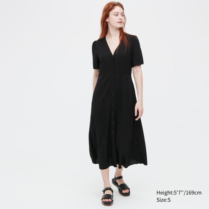 Uniqlo V-neck Short-sleeve Flare Midi Dress