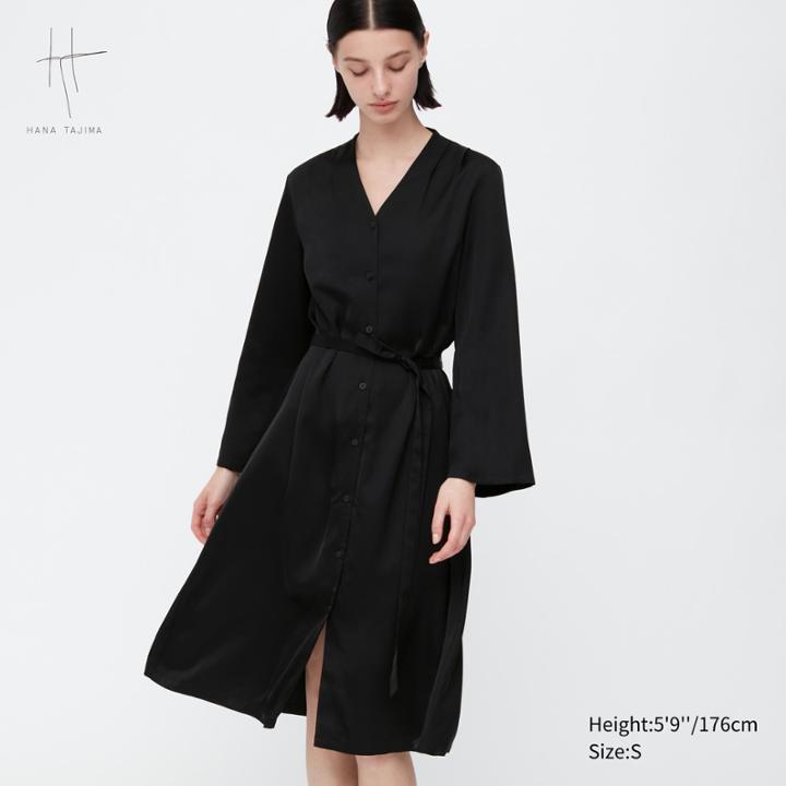 Uniqlo Satin Tucked V-neck Long-sleeve Dress (hana Tajima)