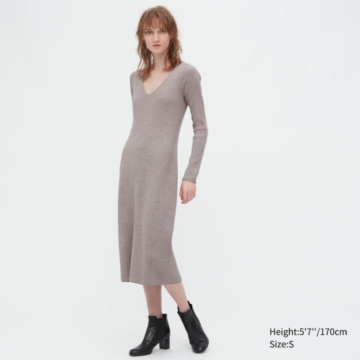 Uniqlo Merino Blend Fitted V-neck Long-sleeve Dress