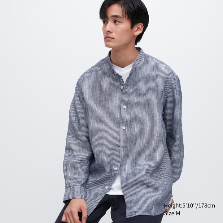 Uniqlo Premium Linen Stand Collar Striped Long-sleeve Shirt