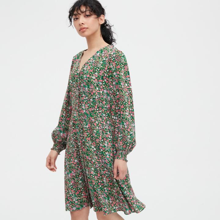 Uniqlo Printed V-neck Long-sleeve Flare Mini Dress