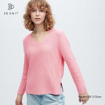 Uniqlo 3d Knit Cotton Blend V-neck Long-sleeve Sweater