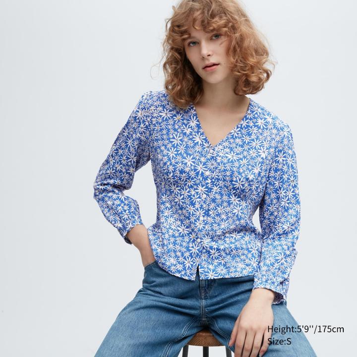 Uniqlo Printed V-neck Long-sleeve Blouse
