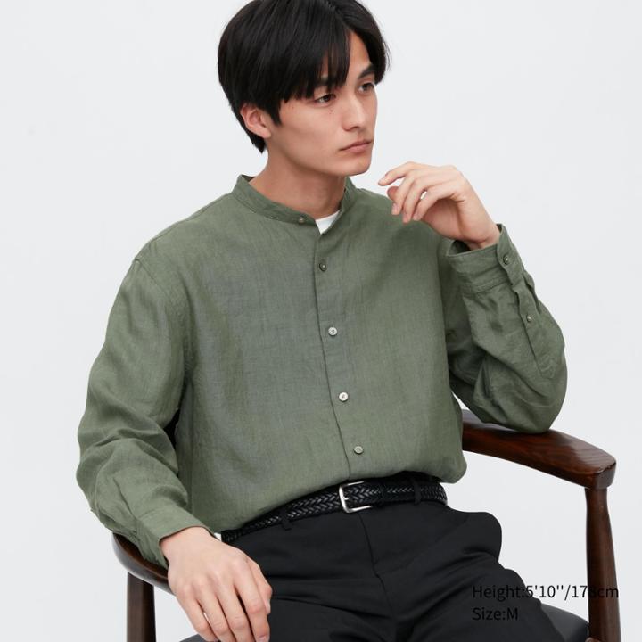 Uniqlo Premium Linen Stand Collar Long-sleeve Shirt