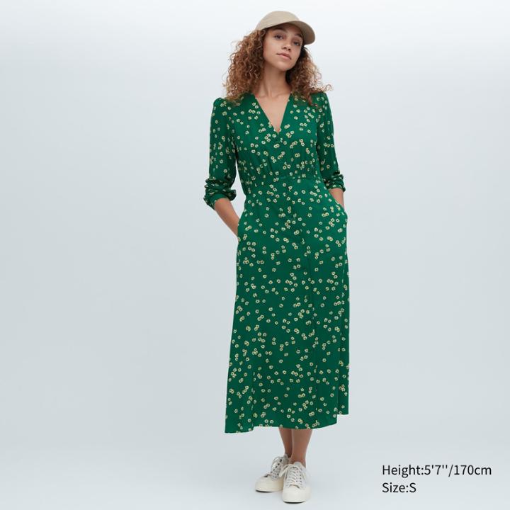 Uniqlo Printed V-neck Long-sleeve Flare Dress
