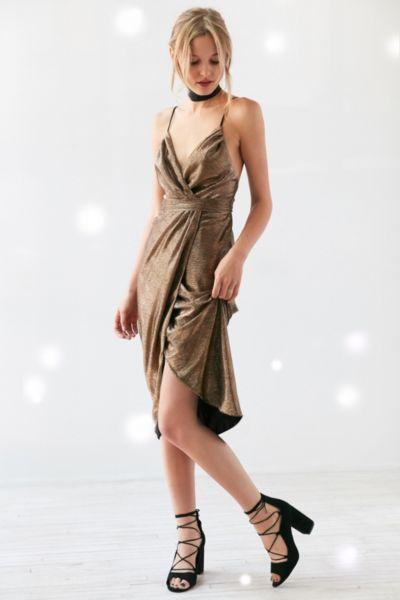 Ecote Solid Gold Metallic Tulle Midi Dress