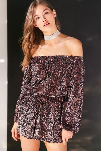 Urban Outfitters Ecote Burnout Velvet Off-the-shoulder Romper