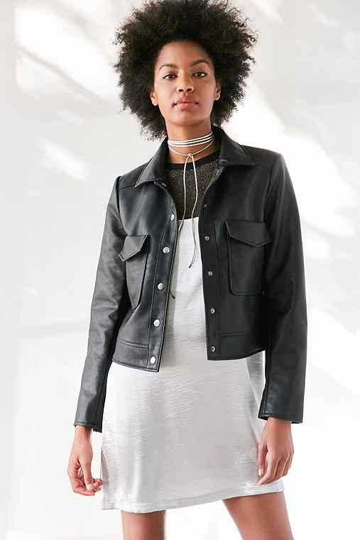 Urban Outfitters Kimchi Blue Shrunken Vegan Leather Trucker Jacket,black,xs