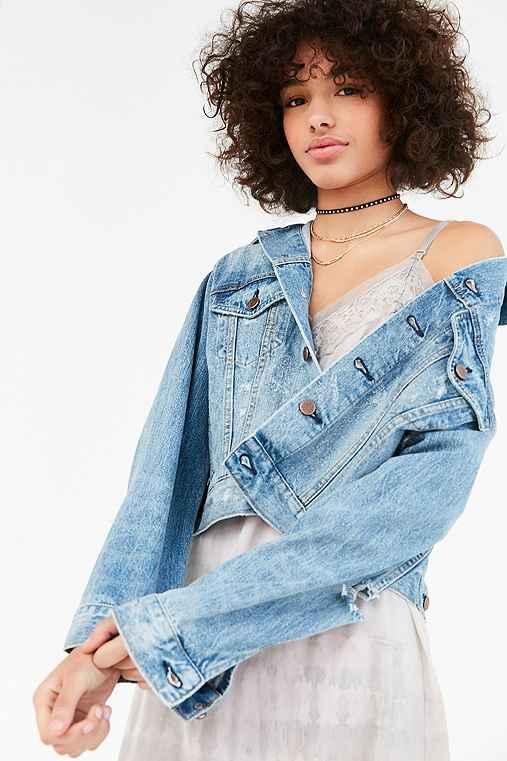 Urban Outfitters Bdg Boyfriend Destroyed Denim Trucker Jacket,vintage Denim Medium,s