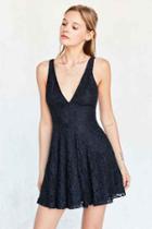 Urban Outfitters Kimchi Blue Plunging Lace Fit + Flare Mini Dress,navy,4