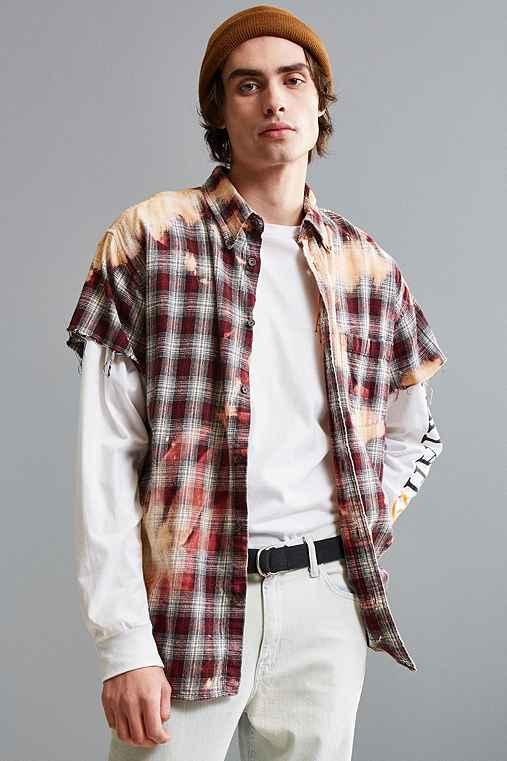 Urban Outfitters Vintage Bleached Cap Sleeve Flannel Button-down Shirt,red,s/m