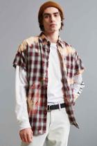 Urban Outfitters Vintage Bleached Cap Sleeve Flannel Button-down Shirt,red,s/m