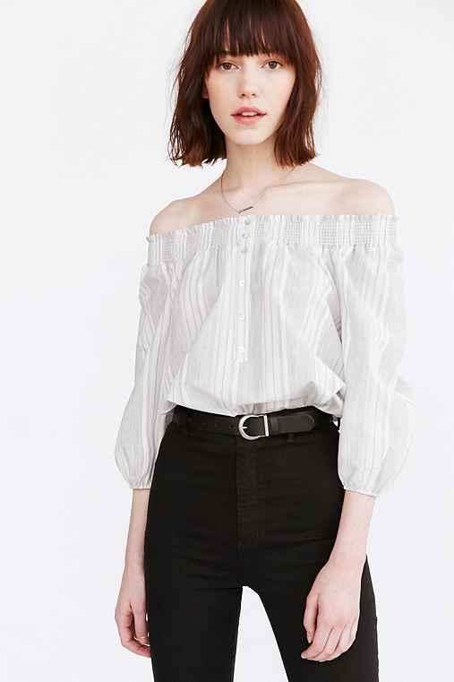 Urban Outfitters Bdg Button-front Off-the-shoulder Blouse,blue Multi,s