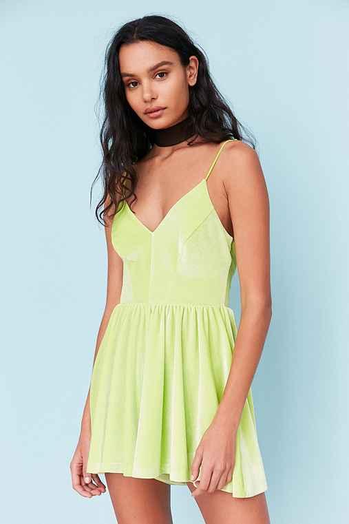 Urban Outfitters Kimchi Blue Vanessa Velvet Fit + Flare Romper,lime,l