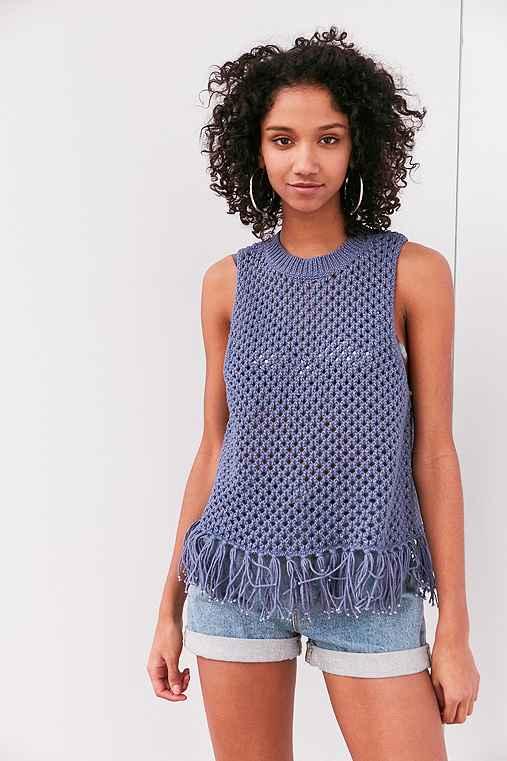 Urban Outfitters Ecote Sophie Fringe Crochet Tank Top,blue,l