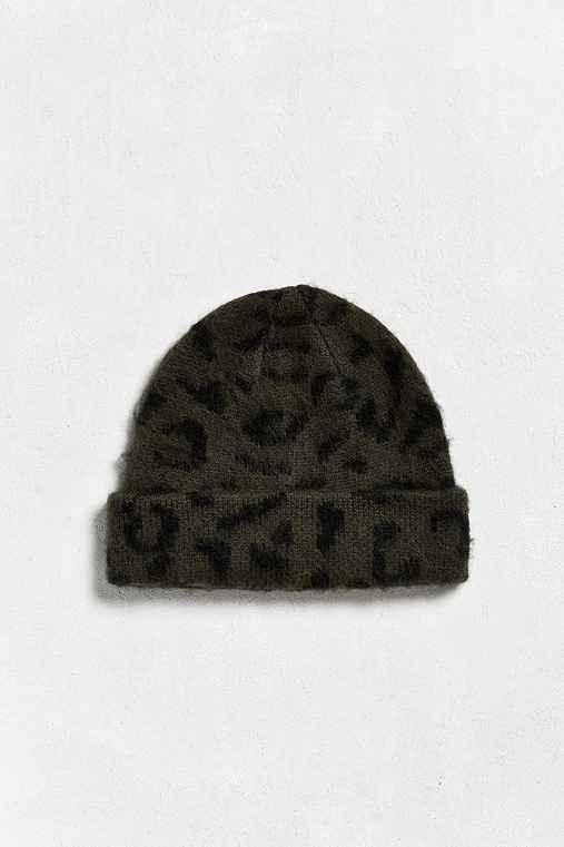 Urban Outfitters Uo Fuzzy Leopard Beanie,green,one Size