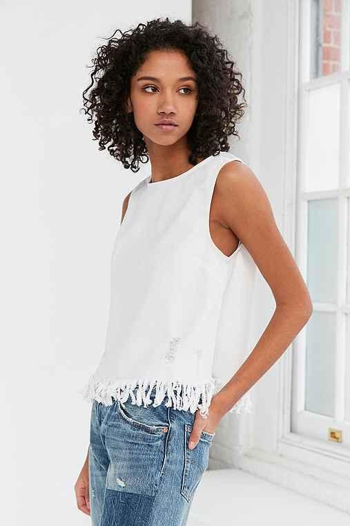 Urban Outfitters Silence + Noise Distressed Denim Fringe Tank Top,white,l