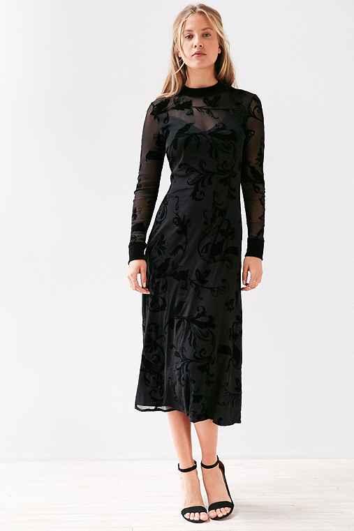 Urban Outfitters Kimchi Blue Salem Velvet Burnout Mock-neck Midi Dress,black,m