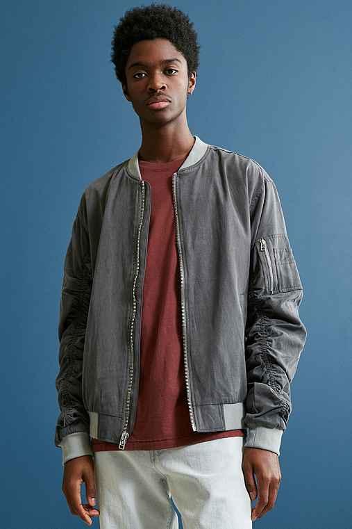 Urban Outfitters Uo Tencel Ruched Sleeve Bomber Jacket,grey,m