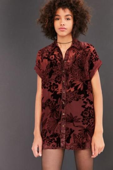 Urban Outfitters Ecote Anora Floral Burnout Velvet Button-down Shirt