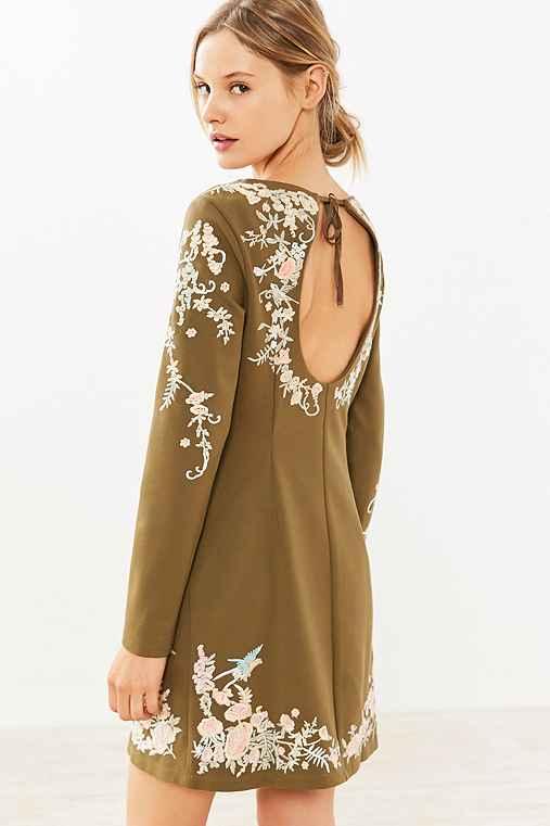 Urban Outfitters Kimchi Blue Sakura Embroidered Frock Mini Dress,brown Multi,m