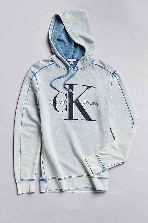 Urban Outfitters Calvin Klein Classic Logo Acid Wash Hoodie Sweatshirt,light Blue,l