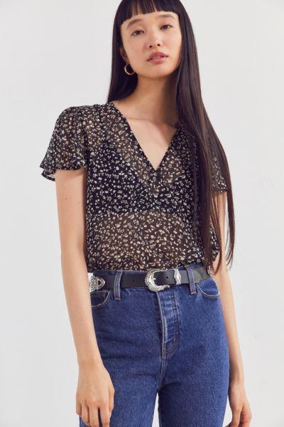 Ecote Sheer Floral Short Sleeve Top