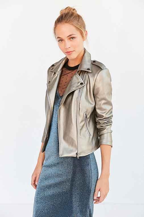 Urban Outfitters Silence + Noise Shine On Metallic Moto Jacket,silver,s