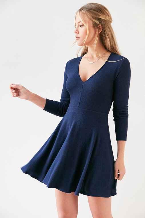 Urban Outfitters Kimchi Blue Cozy Plunging Fit + Flare Mini Dress,blue,s