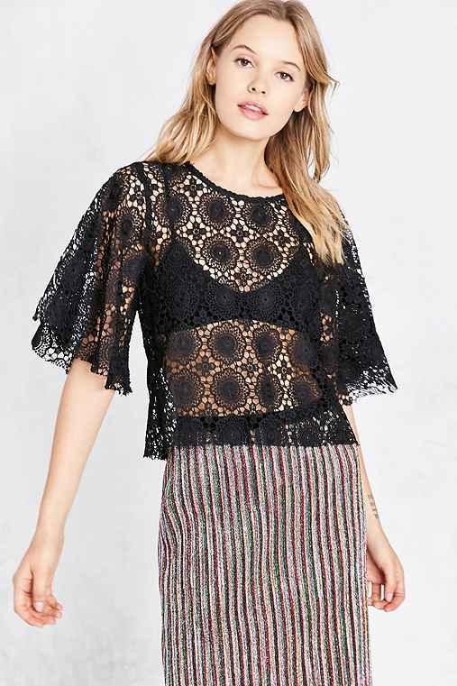 Urban Outfitters Kimchi Blue Ashley Crochet Flutter-sleeve Tee,black,s