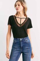Urban Outfitters Silence + Noise Carousel Strappy Mesh V-neck Tee,black,l