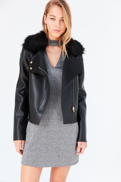 Urban Outfitters Kimchi Blue Glam Faux Fur Collar Moto Jacket