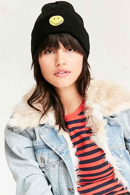 Urban Outfitters Smiley Logo Cuffed Beanie,black,one Size