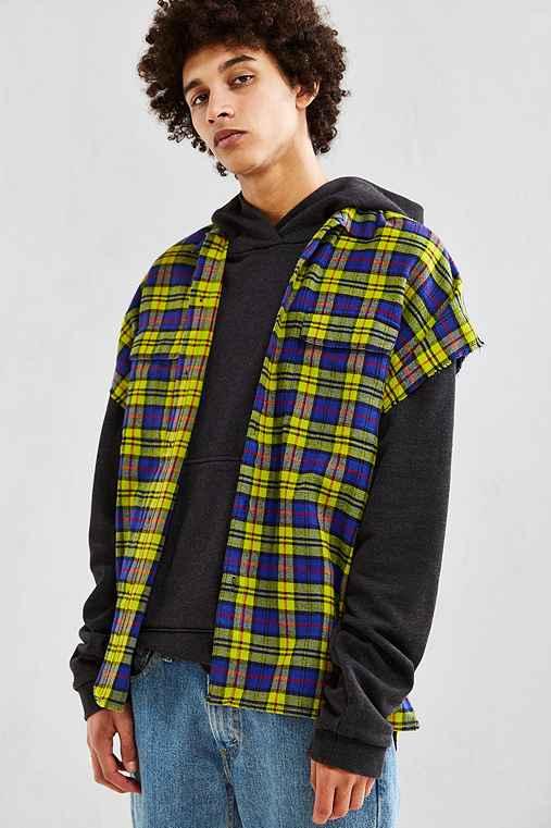 Urban Outfitters Uo Peacock Plaid Cap Sleeve Button-down Shirt,yellow,s