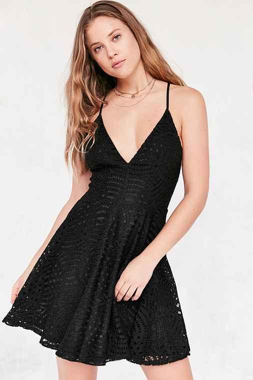 Urban Outfitters Kimchi Blue Plunging Lace Fit + Flare Dress,black,0