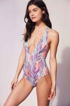 Urban Outfitters Out From Under Plunging V Printed One-piece Swimsuit,green Multi,xl