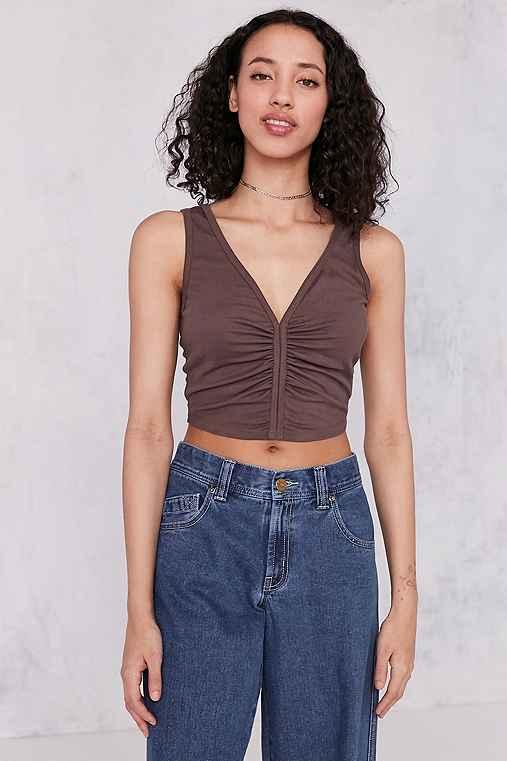 Urban Outfitters Silence + Noise Laurel Ruched-front Cropped Cupro Tank Top,brown,xs