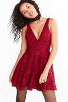 Urban Outfitters Kimchi Blue Plunging Lace Fit + Flare Mini Dress,maroon,8