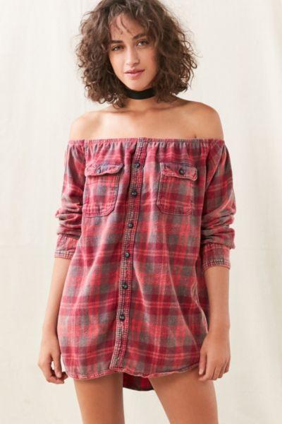 Urban Renewal Remade Off-the-shoulder Long-sleeved Flannel Shirt Dress