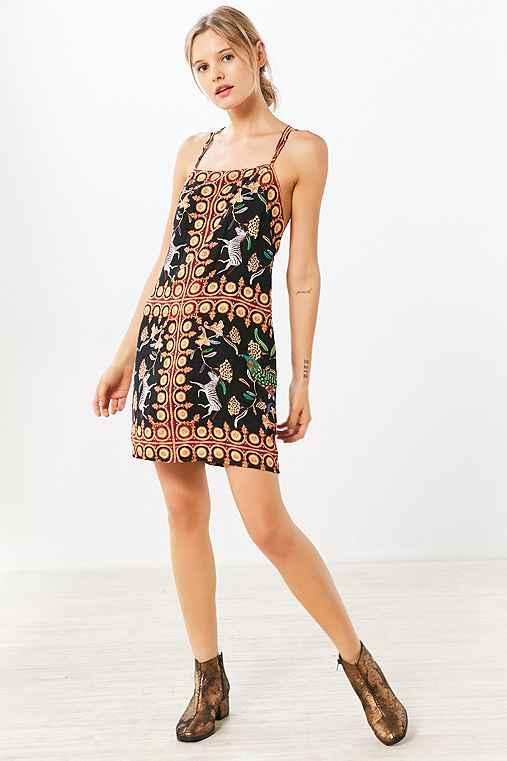 Urban Outfitters Ecote Strappy Printed Mini Slip Dress,black Multi,l