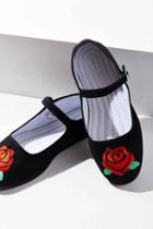Urban Outfitters Embroidered Rose Mary Jane Flat,black,6