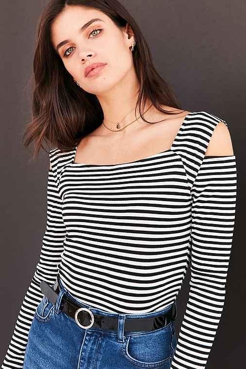 Urban Outfitters Silence + Noise Striped Cold Shoulder Crop Top,black & White,l