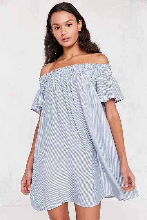 Urban Outfitters Cooperative Striped Off-the-shoulder Flutter Sleeve Dress,blue Multi,l