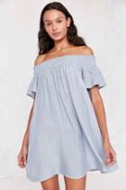 Urban Outfitters Cooperative Striped Off-the-shoulder Flutter Sleeve Dress,blue Multi,l