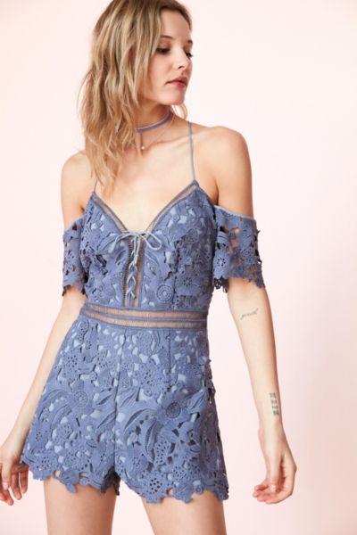 Urban Outfitters Saylor Mandy Floral Lace Off-the-shoulder Romper