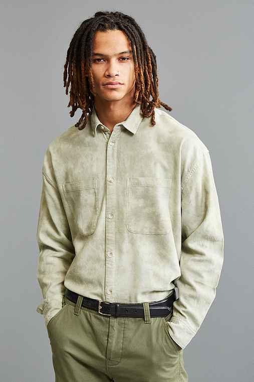 Urban Outfitters Uo Acid Bleached Drop Shoulder Flannel Button-down Shirt,light Green,s