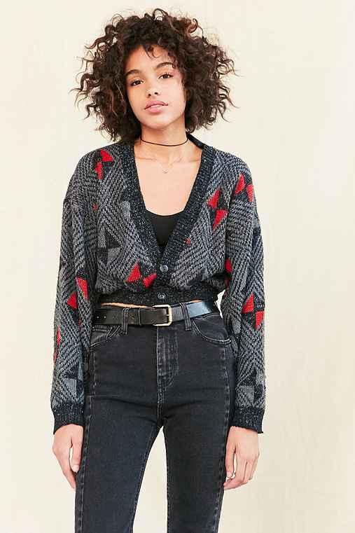 Urban Outfitters Urban Renewal Remade Cropped Vintage Patterned Cardigan,grey,m/l
