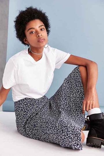 Urban Outfitters Bog Collective Printed Flute Hem Midi Skirt,blue Multi,s