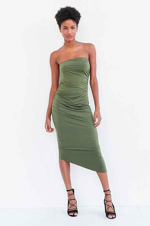 Urban Outfitters Silence + Noise Slinky Ruched Strapless Midi Dress,olive,m